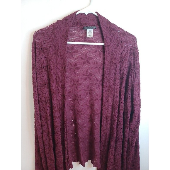 Brittany Black Open Front Cardigan XL Burgundy Lace Longsleeve Boho Lagenlook - Picture 2 of 8